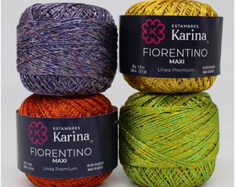 Fiorentino Maxi yarn (50grs) by Estambres Karina. 100% polyester metallic yarn for crocheting and knitting. Metallic Thead.