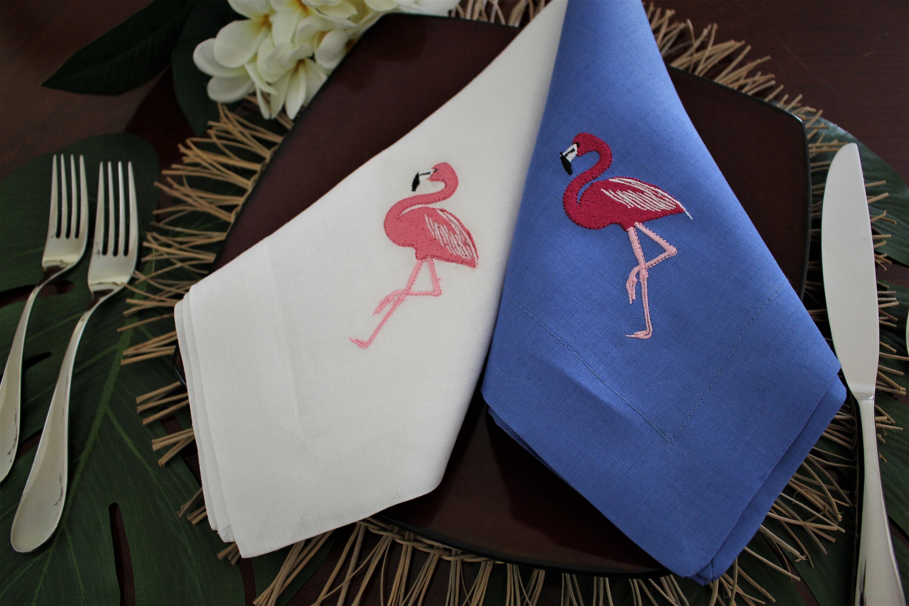 Linen napkins with flamingos embroidered set of 6 Linen napkins 100 Linen table napkins dinner Napkins Embroidered napkins