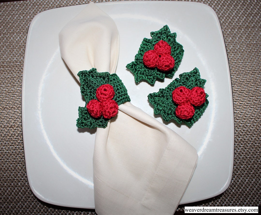 Set of Christmas Napkin Holly and Berries Napkin Rings