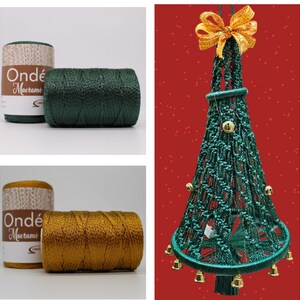 May include: Two spools of metallic yarn, one green and one gold, with the label "Ond&eacute; Macrame" on each. A green macrame Christmas tree ornament with gold bells and a gold bow.