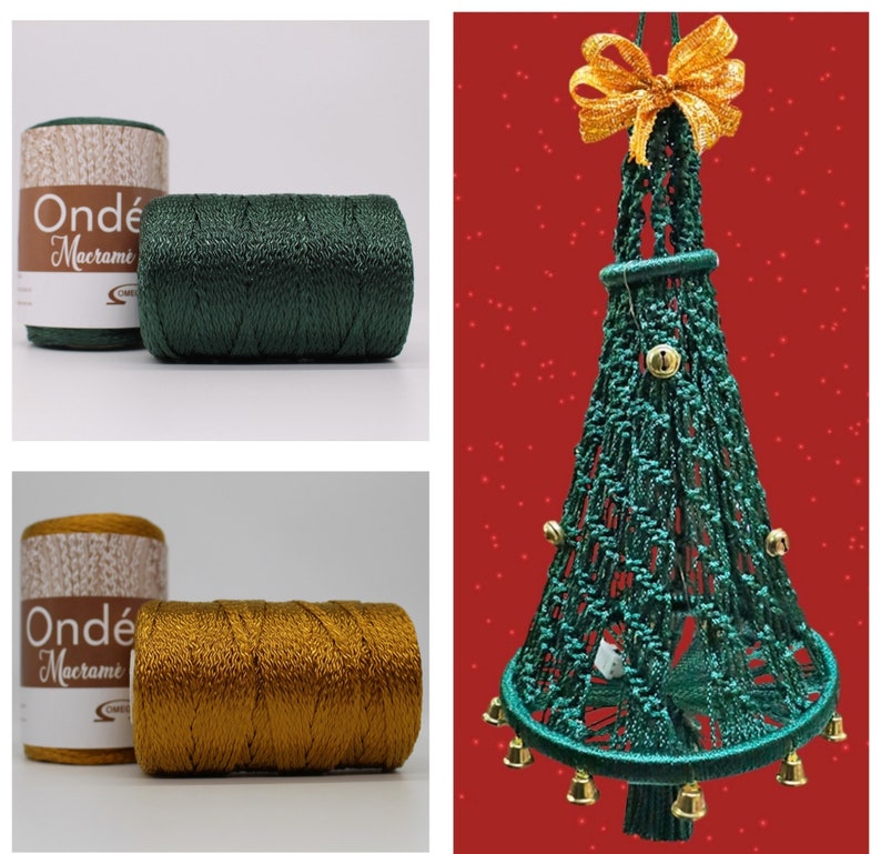 May include: Two spools of metallic yarn, one green and one gold, with the label "Ond&eacute; Macrame" on each. A green macrame Christmas tree ornament with gold bells and a gold bow.