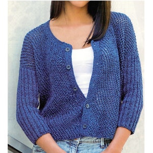 May include: A blue knitted cardigan with a button-up front and long sleeves. The cardigan is made of a lightweight, open-weave fabric.