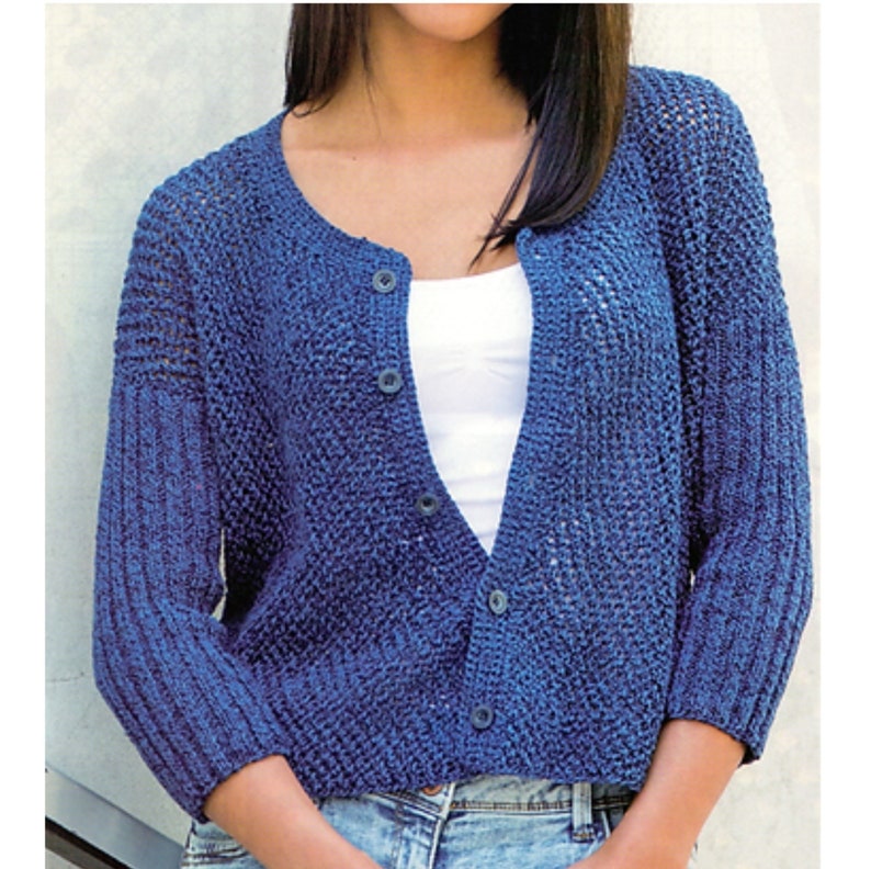 May include: A blue knitted cardigan with a button-up front and long sleeves. The cardigan is made of a lightweight, open-weave fabric.