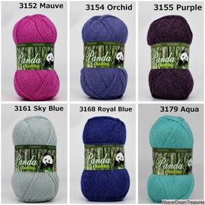 May include: Six skeins of Panda Bamboo yarn in different colors: mauve, orchid, purple, sky blue, royal blue, and aqua. Each skein has a label with the Panda Bamboo logo and the color number.