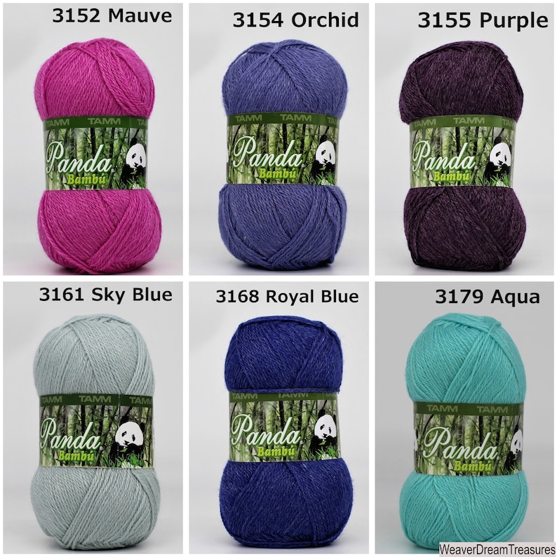 May include: Six skeins of Panda Bamboo yarn in different colors: mauve, orchid, purple, sky blue, royal blue, and aqua. Each skein has a label with the Panda Bamboo logo and the color number.