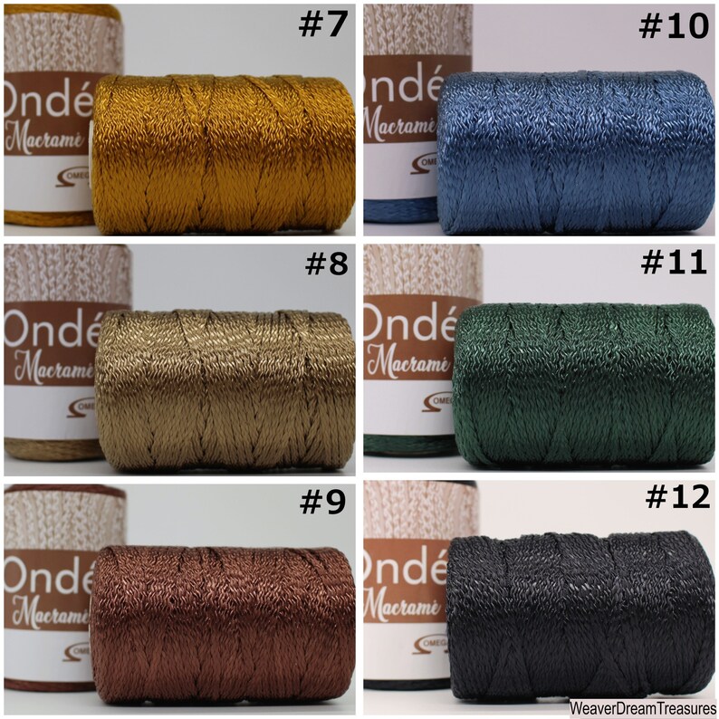 May include: A collection of ten spools of metallic embroidery floss in various colors, including gold, green, brown, black, and blue. The spools are labeled with numbers 7 through 12. The text "Ond&eacute; Macrame" is visible on the spools.