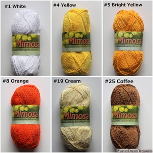 May include: Six balls of Mimosa yarn in a range of colours, including white, yellow, bright yellow, orange, cream and coffee. Each ball has a label with the brand name "Mimosa" and the text "100% algod&atilde;o, 3.5 oz/100g".