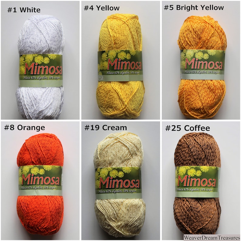 May include: Six balls of Mimosa yarn in a range of colours, including white, yellow, bright yellow, orange, cream and coffee. Each ball has a label with the brand name "Mimosa" and the text "100% algod&atilde;o, 3.5 oz/100g".