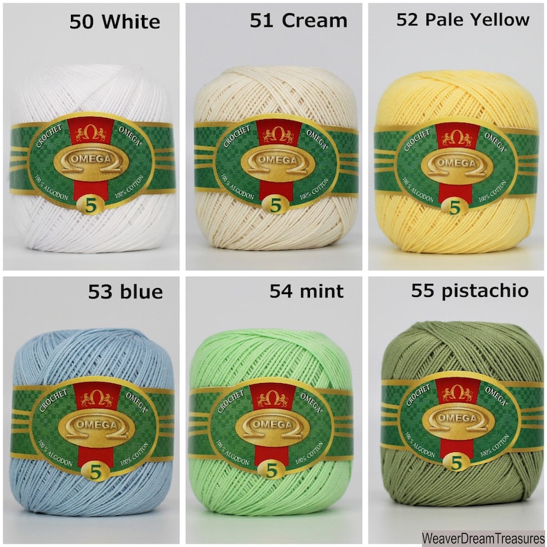 May include: Six balls of yarn in different colors, including white, cream, pale yellow, blue, mint, and pistachio. Each ball has a label that says "Omega" and "Crochet".