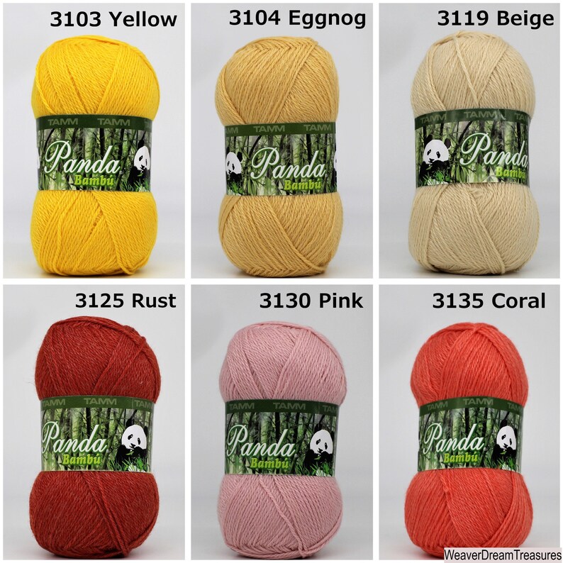 May include: Six skeins of Panda Bamboo yarn in various colors: yellow, beige, rust, pink, coral, and a light brown color called "Eggnog". Each skein has a label with the Panda Bamboo logo and the color name.