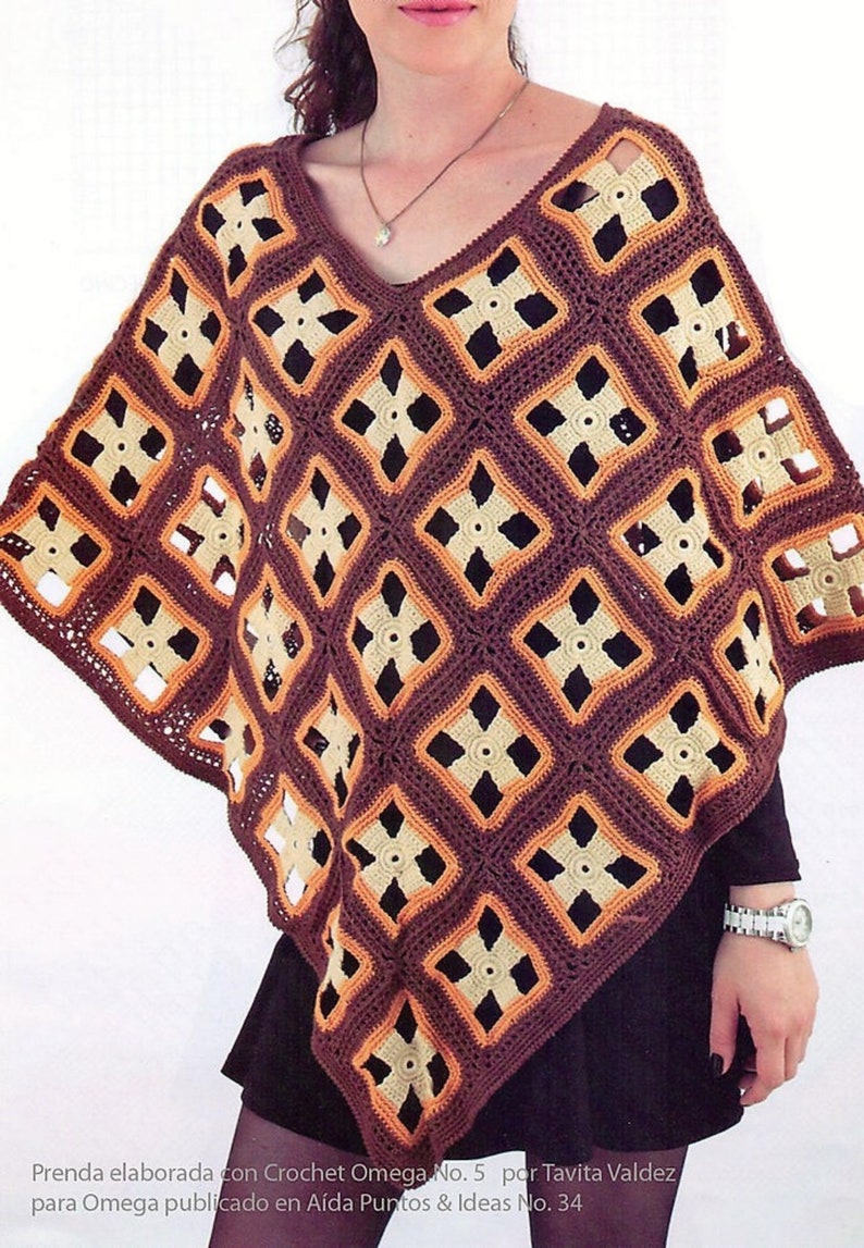 May include: A brown and beige crochet poncho with a diamond pattern. The poncho has a v-neck and is crocheted with a crochet hook size 5.