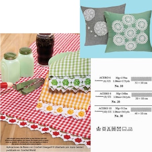 May include: A close-up of a red and white checkered tablecloth with three crocheted borders in different colors. The borders are red, yellow, and white. The tablecloth is decorated with two salt shakers and a glass of liquid. The image also includes instructions for crocheting the borders, with details on the yarn weight and hook size.
