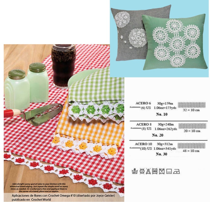 May include: A close-up of a red and white checkered tablecloth with three crocheted borders in different colors. The borders are red, yellow, and white. The tablecloth is decorated with two salt shakers and a glass of liquid. The image also includes instructions for crocheting the borders, with details on the yarn weight and hook size.
