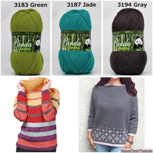 May include: Three skeins of yarn in green, teal, and gray. Each skein has a label that says "Panda Bamboo" with a panda bear illustration. The yarn is for knitting or crocheting.