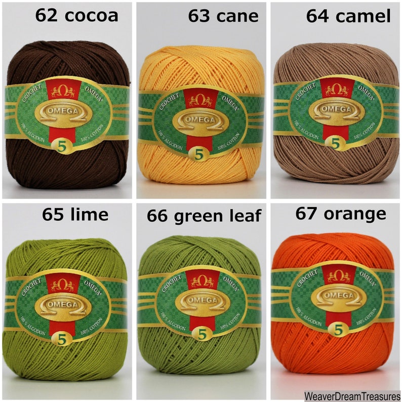 May include: Six balls of cotton yarn in different colors, including cocoa, cane, camel, lime, green leaf, and orange. Each ball has a label with the brand name "Omega" and the number "5".