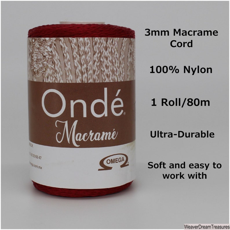 May include: A roll of 3mm red nylon macrame cord, labeled "Ond&eacute; Macram&eacute;" with the Omega logo. The cord is 100% nylon, ultra-durable, and soft and easy to work with. It is 80 meters long.