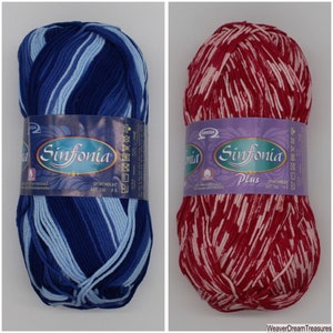 May include: Two skeins of yarn, one blue and white striped and one red and white speckled. Both skeins are labeled "Sinfonia" and "Sportweight".