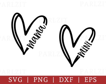 May include: Two black and white heart-shaped designs with the words "mama" and "mini" written inside.