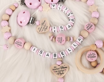 Schnullerkette mit Namen SET  Kinderwagenkette  Greifring für Mädchen rosa  S10, Babygeschenk