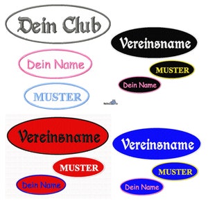 Könnte beinhalten: Eine Sammlung ovaler gestickter Patches in verschiedenen Farben, darunter Rot, Blau, Schwarz, Weiß, Rosa, Gelb und Grau. Die Patches zeigen den Text "Dein Club", "Dein Name", "Vereinsname" und "MUSTER".