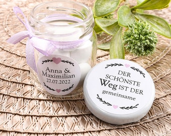 Gastgeschenk Hochzeit, Geschenkglas Hochzeit  Rundglas mit Deckel  personalisiert, Geschenk für Gäste Schön dass du da bist A44