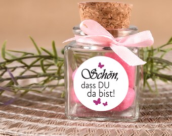 Gastgeschenk Korkenglas /Aufkleber 40 Stück "Schön das du da bist" Geschenk Geburtstag Taufe Hochzeit Kommunion A2