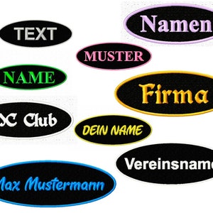 Namensschild Patch Aufnäher gestickt mit Wunschtext, Alle Größen & Farben, Aufnäher Applikation Buchstaben Stickaufnäher Wunschname Oval 10 x 4 cm cm