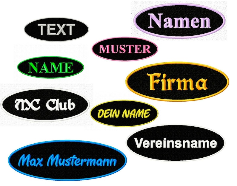 Namensschild Patch Aufnäher gestickt mit Wunschtext, Alle Größen & Farben, Aufnäher Applikation Buchstaben Stickaufnäher Wunschname Oval 10 x 4 cm cm