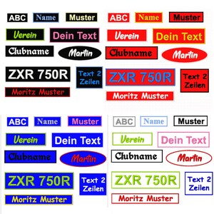 Könnte beinhalten: Ein Set mit 10 Bügelbildern mit verschiedenen Texten und Designs. Die Patches sind in verschiedenen Farben, darunter Schwarz, Weiß, Rot, Blau, Grün und Gelb. Der Text auf den Patches lautet "ABC", "Name", "Muster", "Verein", "Dein Text", "Clubname", "Martin", "ZXR 750R", "Text 2 Zeilen" und "Moritz Muster".