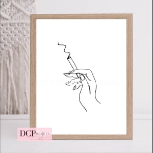 May include: A black and white line drawing of a hand holding a cigarette with smoke rising from it.