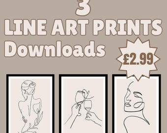May include: Three framed line art prints with minimalist drawings. The prints show a woman's back, hands toasting with wine glasses, and a woman's face. The text "LINE ART PRINTS Downloads" is at the top.