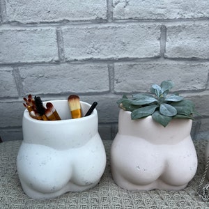 May include: Two white ceramic planters shaped like a human bottom. One planter is filled with makeup brushes and the other has a small green succulent plant.