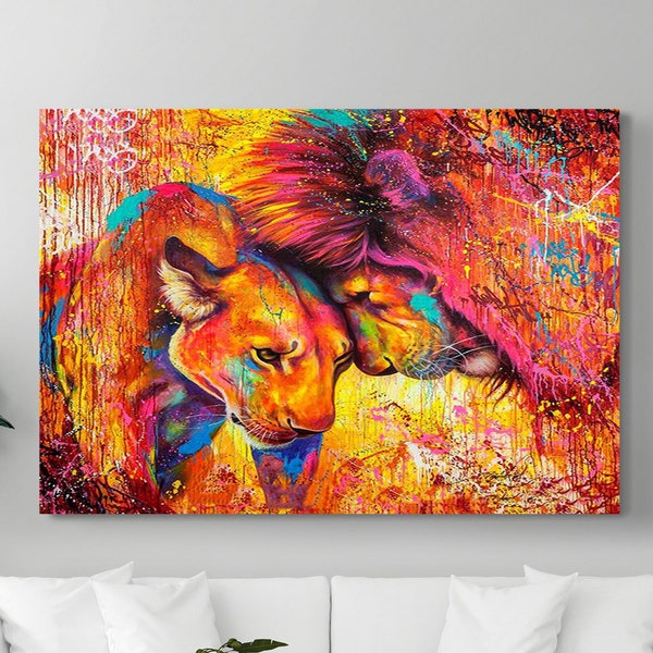 Mannelijke en vrouwelijke Leeuw Canvas, Kleurrijke Abstracte Leeuw Canvas, Digitale Print Wall Art.