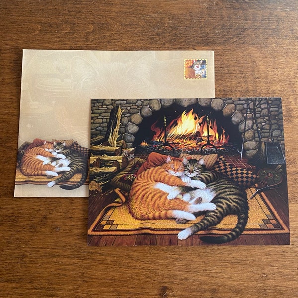 6/pk Bundle Charles Wysocki Cats Sleeping Fireplace Warm Fuzzy LOVE Greeting Cards "All Burned Out" Vintage Leanin' Tree  NOS + Bonus Cards