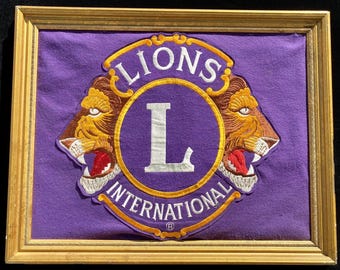Large Vintage Lions Club International Embroidered Banner Logo Framed Patch RARE