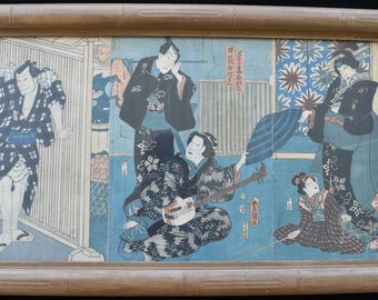 Utagawa Kunisada Toyokuni III Antique Japanese Woodblock Print Triptych 1854 Ukiyo-e Edo Period Collectible Fine Art Vintage Rare