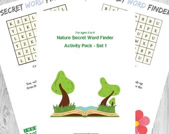 May include: A printable activity pack for kids ages 3 to 6 featuring a nature-themed word search puzzle. The pack includes a book with two trees on top of it and the text "Nature Secret Word Finder Activity Pack - Set 1".