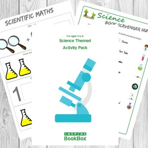 Könnte beinhalten: Ein druckbares Aktivitätspaket für Kinder im Alter von 3 bis 6 Jahren mit einem wissenschaftlichen Thema. Das Paket enthält eine wissenschaftliche Buch-Schnitzeljagd und ein wissenschaftliches Mathe-Arbeitsblatt mit einer Mikroskop-Illustration.