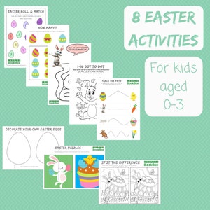 Może przedstawiać: Osiem drukowanych arkuszy z aktywnościami wielkanocnymi dla dzieci w wieku od 0 do 3 lat. Arkusze zawierają różnorodne aktywności, w tym łączenie kropek, śledzenie, układanki i dopasowywanie. Aktywności są wszystkie związane z tematyką wielkanocną i przedstawiają urocze króliki, kurczaczki i jajka.