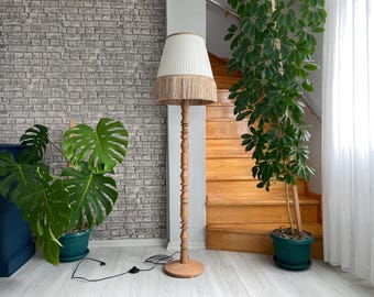 Handmade Wooden Floor Lamp with Fabric Shade – Natural Rustic Standing Lamp for Living Room