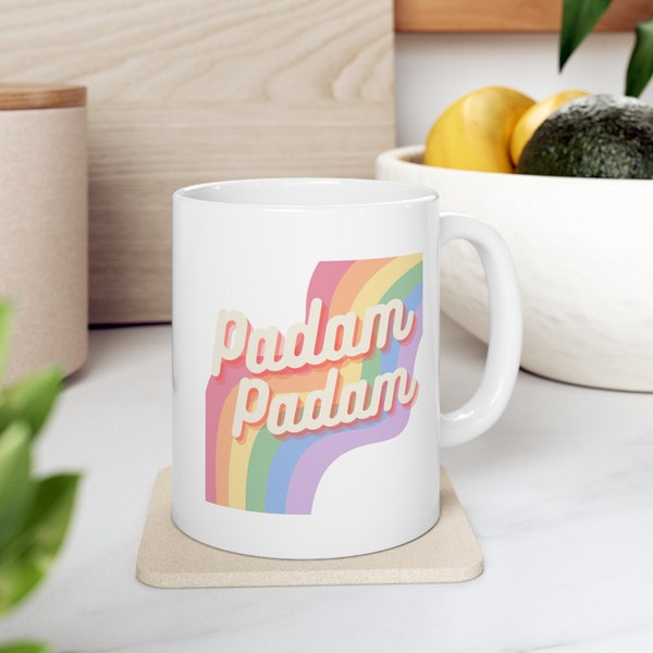 Kylie Minogue inspired ‘Padam Padam’ Pride Rainbow Coffee Mug | LGBTQ+ Rainbow Ceramic Cup. Gift for him, gift for her, gift for everyone.