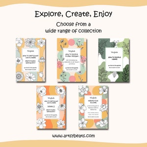 May include: Five colorful digital download covers for floral doodle art tutorials. The covers feature different floral designs and text that reads "How to Sketch and the Flowers", "How to Doodle Floral Designs", "How to Doodle Leaves", "Perspective Blooms", and "How to Sketch and the Flowers Volume 2".