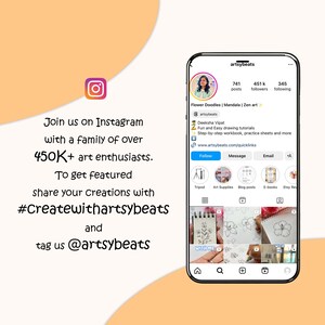 May include: A screenshot of an Instagram profile for artsybeats, a page dedicated to flower doodles, mandalas, and zen art. The profile has 741 posts, 451,000 followers, and 345 people following. The profile bio includes the text "Fun and Easy drawing tutorials. Step-by-step workbook, practice sheets and more." The profile also includes a link to the website www.artsybeats.com/quicklinks. The profile image shows a woman with dark hair and a white shirt.