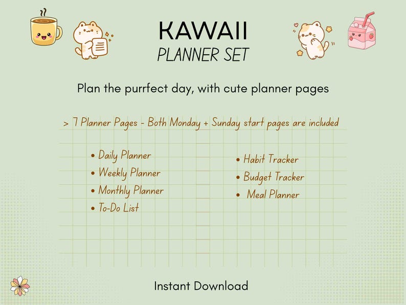 Kawaii Digital Planner Set : Daily, Weekly & Monthly Pages | Printable ...