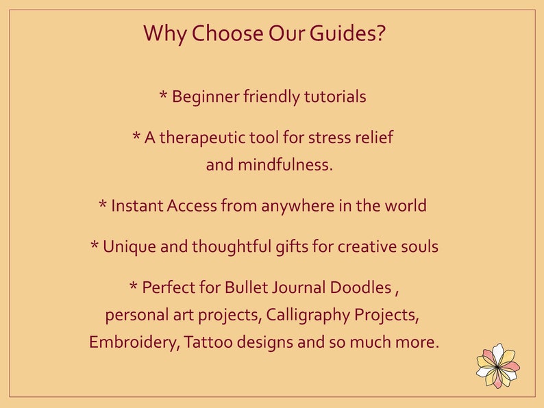 May include: A text-based graphic with a red background and white text. The text reads "Why Choose Our Guides?" and lists several reasons to choose their guides, including beginner-friendly tutorials, stress relief, instant access, unique gifts, and uses for bullet journals, art projects, calligraphy, embroidery, and tattoo designs.
