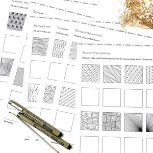 May include: A printable worksheet with instructions to "Re-create the patterns" and several blank squares for drawing intricate patterns. The worksheet includes examples of patterns to copy, such as waves, zigzags, and spirals.