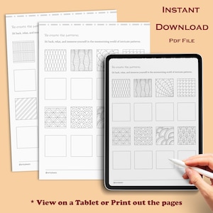 May include: A digital tablet displaying a printable PDF file with a set of 12 black and white geometric patterns. The text "Re-create the patterns" and "Sit back, relax, and immerse yourself in the mesmerizing world of intricate patterns" is visible on the tablet screen. The text "INSTANT DOWNLOAD PDF FILE" is visible at the top of the image. The text "* View on a Tablet or Print out the pages" is visible at the bottom of the image.