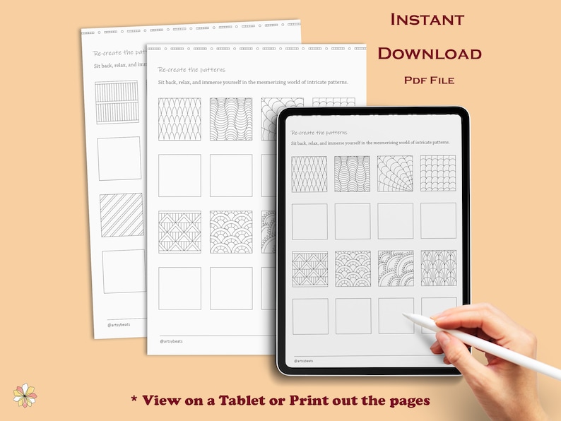 May include: A digital tablet displaying a printable PDF file with a set of 12 black and white geometric patterns. The text "Re-create the patterns" and "Sit back, relax, and immerse yourself in the mesmerizing world of intricate patterns" is visible on the tablet screen. The text "INSTANT DOWNLOAD PDF FILE" is visible at the top of the image. The text "* View on a Tablet or Print out the pages" is visible at the bottom of the image.