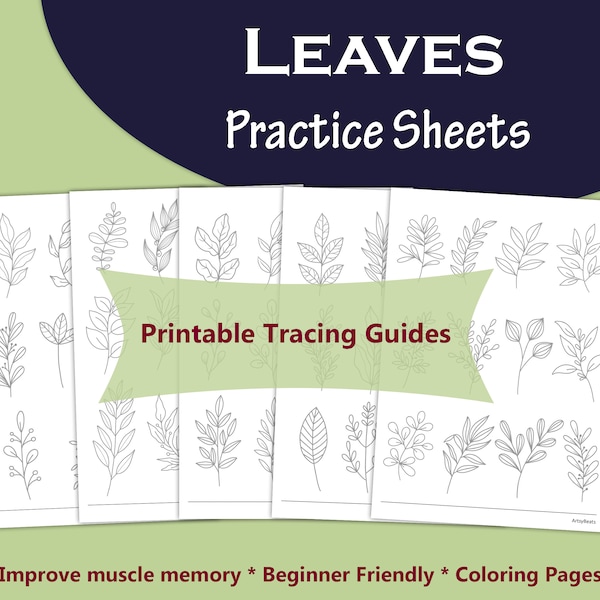 Learn to draw leaves for beginners, leaves practice sheets, leaves drawing templates, leaves for bullet journal, doodle leaves art therapy