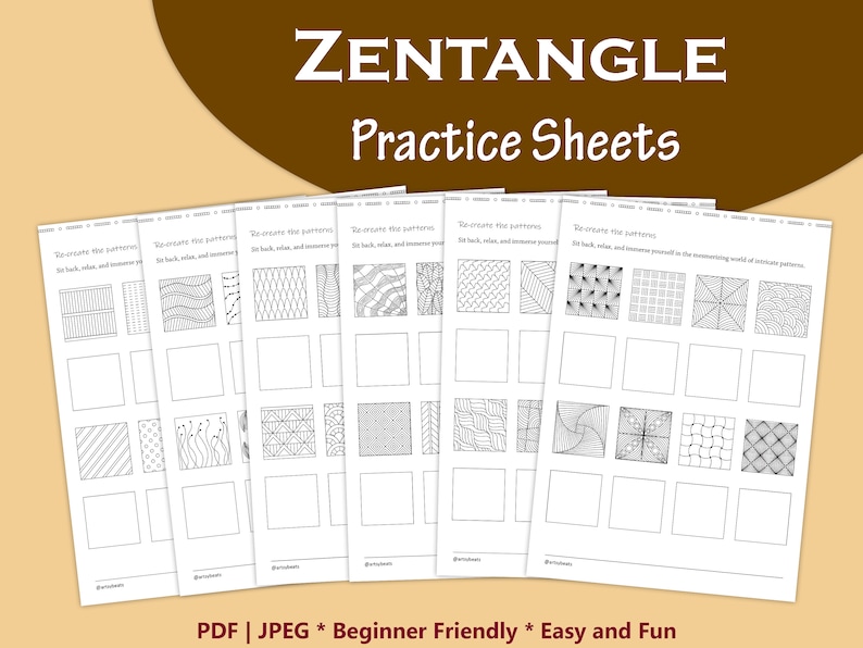 May include: A set of six black and white printable Zentangle practice sheets. Each sheet has a title that says "Re-create the patterns. Sit back, relax, and immerse yourself in the mesmerizing world of intricate patterns."  The sheets have a grid of squares with different patterns in each square. The patterns are simple and easy to follow.  The sheets are perfect for practicing Zentangle art.